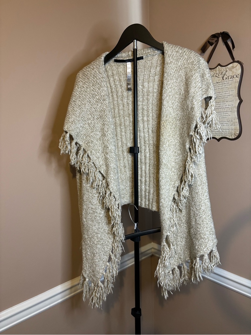 M Kensie Ivory Fringe Open Cardigan